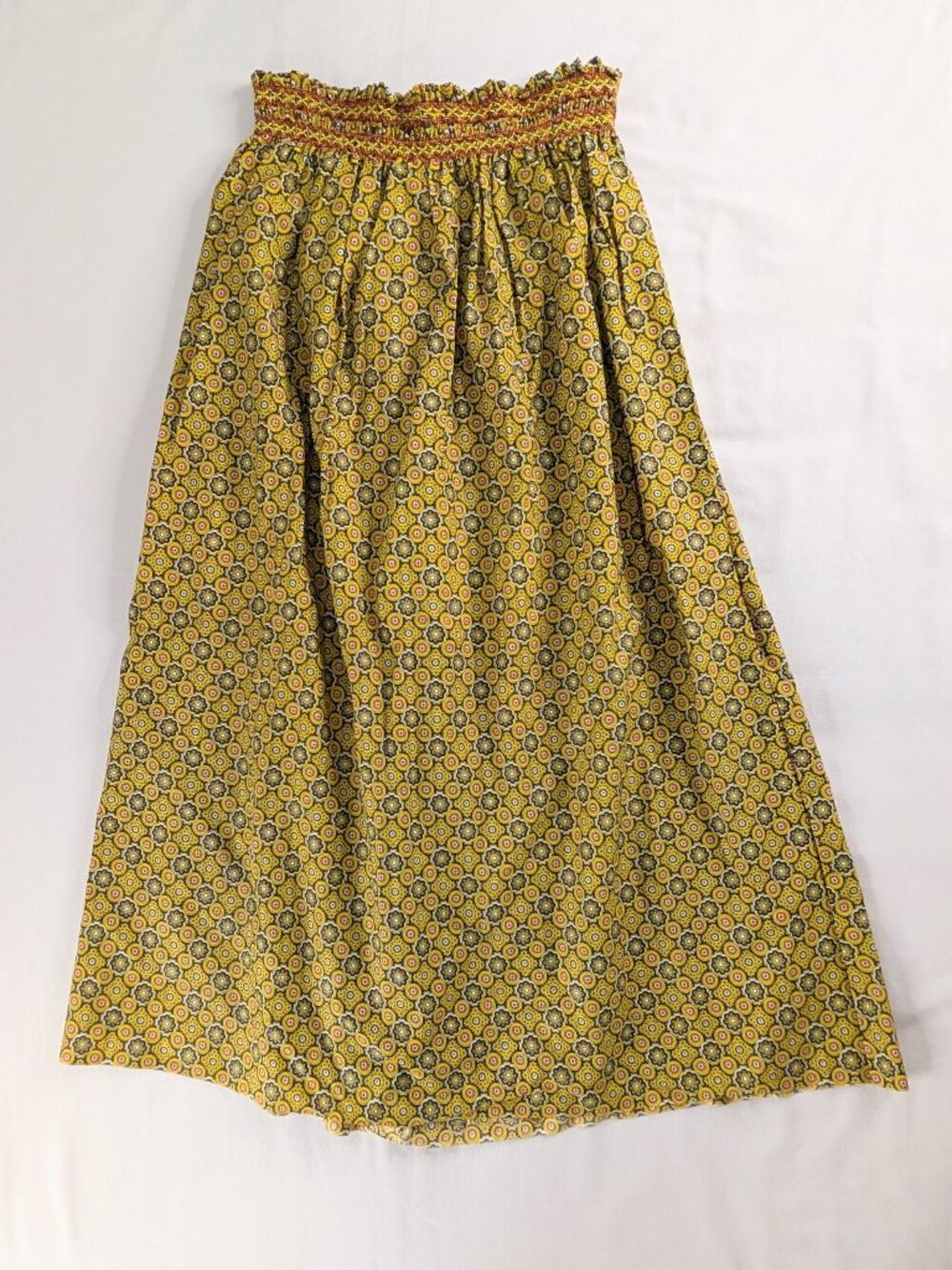 VTG Yellow Black Geometric Floral Stretch Waist Maxi Skirt 70s Boho Smocked